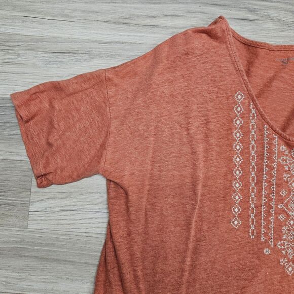 Garnet Hill Womens Shirt Orange Tribal Organic Linen V-neck Short Sleeve Medium - Picture 5 of 8